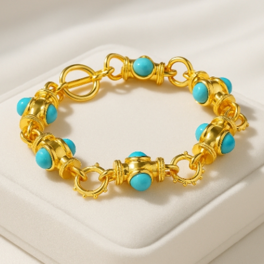 Byzantine Turquoise Cabochon Toggle Bracelet  18k Gold Plating